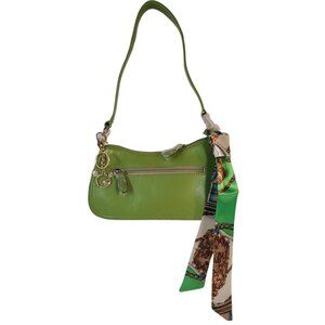 Green Faux Leather Handbag. Two Matching Purse Scarves. Charm Keychain.